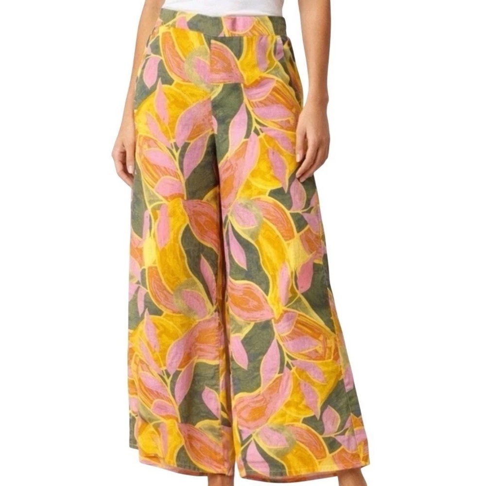 Tahari Tropical Wide-Leg Linen Pants - Yellow Pink Green